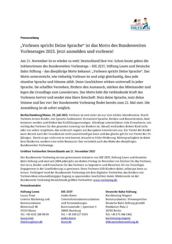 Bundesweiter Vorlesetag am 21.November 2025